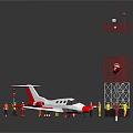 Red and White Airplane Miniature Scene with Tower Figures and Checkered Flag