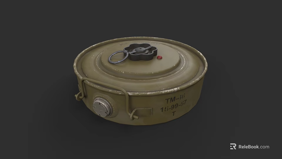 Olive Green Military Weapon TM-46 Mine With Red Button Metal Components And Markings 3d model 