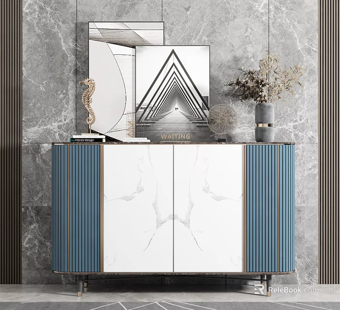 Modern Elegant Console Cabinet With Marble Panel Blue Accents Mirror And Plant Decor 3d model 