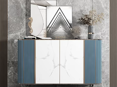Modern Elegant Console Cabinet With Marble Panel Blue Accents Mirror And Plant Decor 3d model