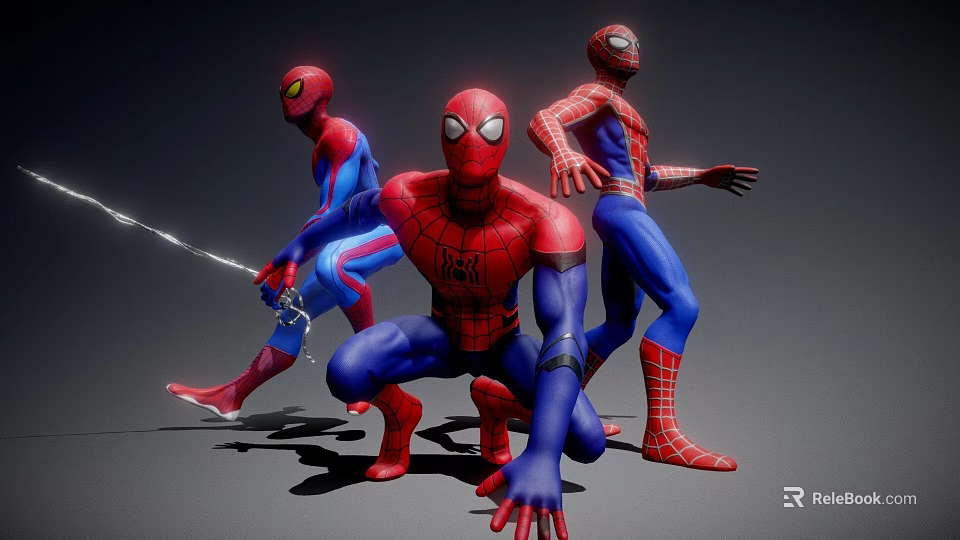 Spider Man Action Figures Three Red Blue Different Poses Kneeling Standing With Sword 3d model