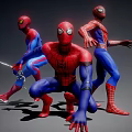 Spider Man Action Figures Three Red Blue Different Poses Kneeling Standing With Sword 3d model