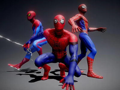 Spider Man Action Figures Three Red Blue Different Poses Kneeling Standing With Sword 3d model