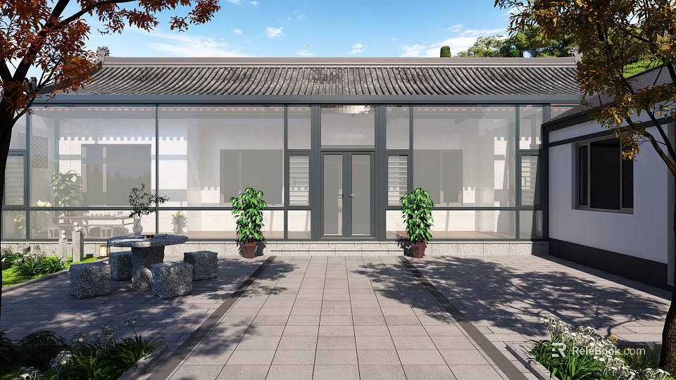 Detached Villa With Chinese Style Roof Glass Curtain Wall Stone Paved Courtyard And Potted Plants 3d model 