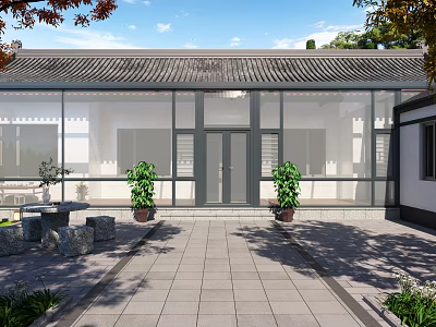 Detached Villa With Chinese Style Roof Glass Curtain Wall Stone Paved Courtyard And Potted Plants 3d model