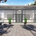 Detached Villa With Chinese Style Roof Glass Curtain Wall Stone Paved Courtyard And Potted Plants