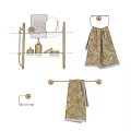 Bathroom Washing Essentials Golden Shelf With Patterned Towels Soap And Mirror