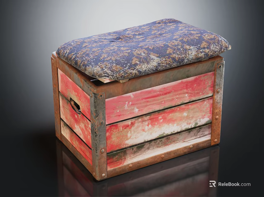 Rustic Red Wooden Box With Distressed Surface and Blue Floral Pattern Cushioned Top 3d model 