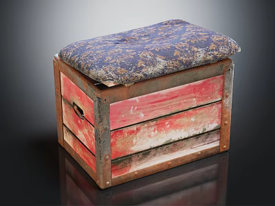Rustic Red Wooden Box With Distressed Surface and Blue Floral Pattern Cushioned Top 3d model