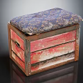 Rustic Red Wooden Box With Distressed Surface and Blue Floral Pattern Cushioned Top 3d model