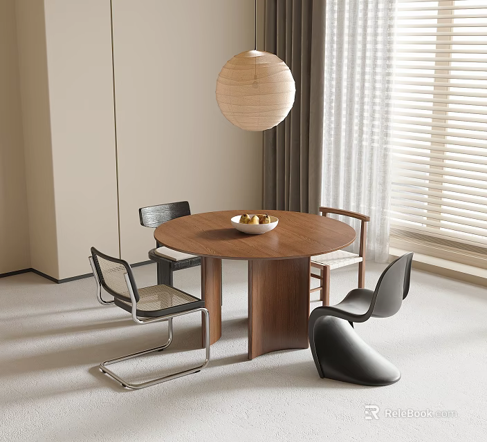 Modern Round Wooden Dining Table with Chairs and Pendant Lantern Light in Living Room 3d model 