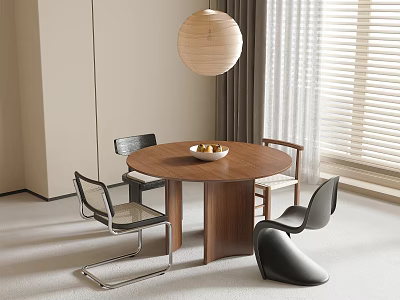 Modern Round Wooden Dining Table with Chairs and Pendant Lantern Light in Living Room 3d model