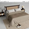 Double bed with wicker headboard neutral bedding on area rug nightstands and table lamp