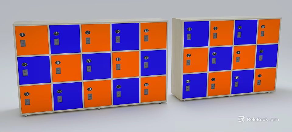 School Lockers With Blue And Orange Doors Arranged In Neat Rows 3d model 