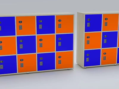 School Lockers With Blue And Orange Doors Arranged In Neat Rows 3d model