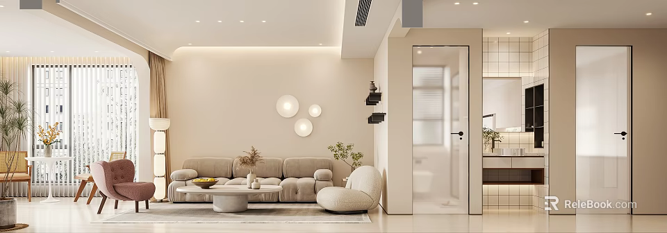 Modern Living Dining Room Interior With Beige Sofa Round Decorative Lights And Green Plants 3d model 