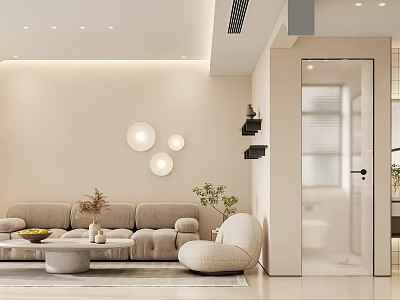 Modern Living Dining Room Interior With Beige Sofa Round Decorative Lights And Green Plants 3d model