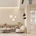 Modern Living Dining Room Interior With Beige Sofa Round Decorative Lights And Green Plants