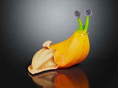 Banana Shaped Snail Creature With Green Antennae Purple Eyes Yellow Peel Shell And Peeled Body 3d model