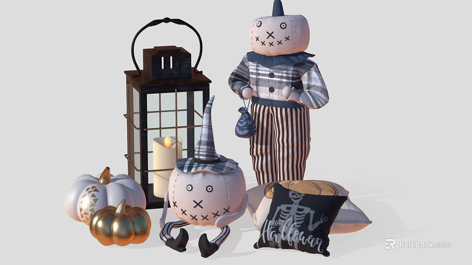 Halloween Themed Decorative Ornament Set with Pumpkin Dolls Lantern Pillows And Decorative Pumpkins 3d model 