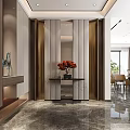 Modern Foyer Hallway Interior Design With Decorative Partition Marble Floor And Red Flower Vase