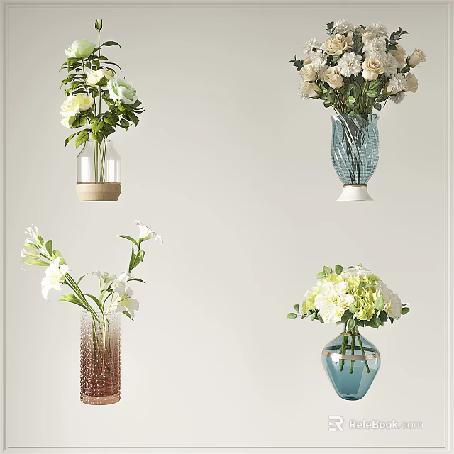 Elegant Glass Vases With White Flowers And Green Leaves For Home Decor 3d model 