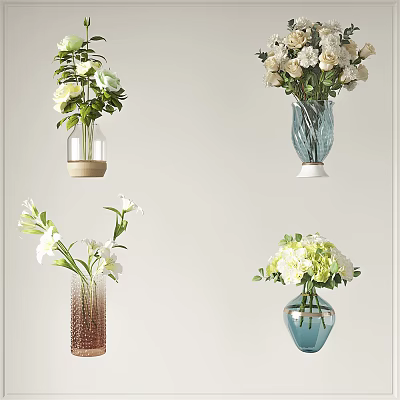 Elegant Glass Vases With White Flowers And Green Leaves For Home Decor 3d model