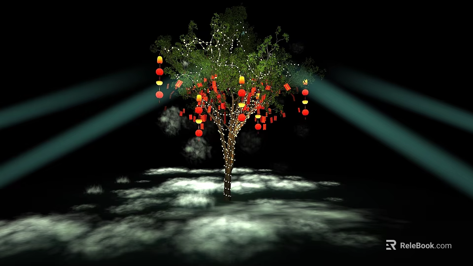 Art Installation Featuring Tree Adorned With Red Lanterns And Illuminated Light Beams 3d model 