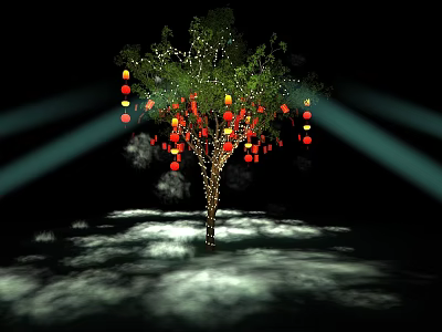 Art Installation Featuring Tree Adorned With Red Lanterns And Illuminated Light Beams 3d model