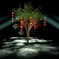 Art Installation Featuring Tree Adorned With Red Lanterns And Illuminated Light Beams