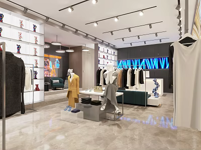 Modern Clothing Store Interior With Mannequins Clothing Racks Display Shelves And Spotlights 3d model