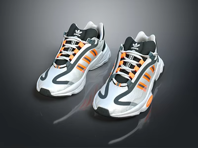 Modern White Gray Sports Sneakers with Orange Stripes Sleek Design and Reflective Details 3d model