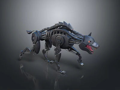 Mechanical Wolf 3D Model With Metallic Structure Red Eyes And Open Mouth 3d model