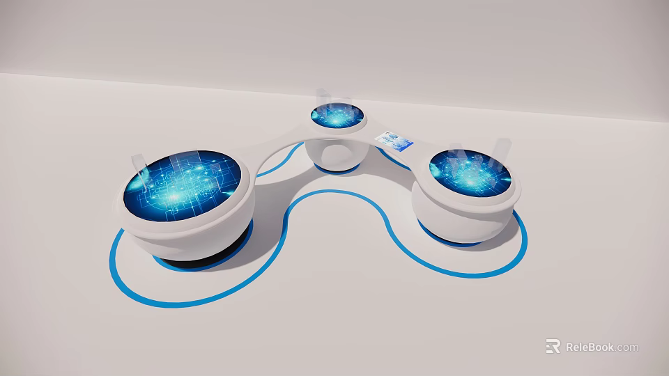 Functional Desk With Circular Tabletops Blue Glowing Tech Interface Curved Frame For Modern Workspace 3d model