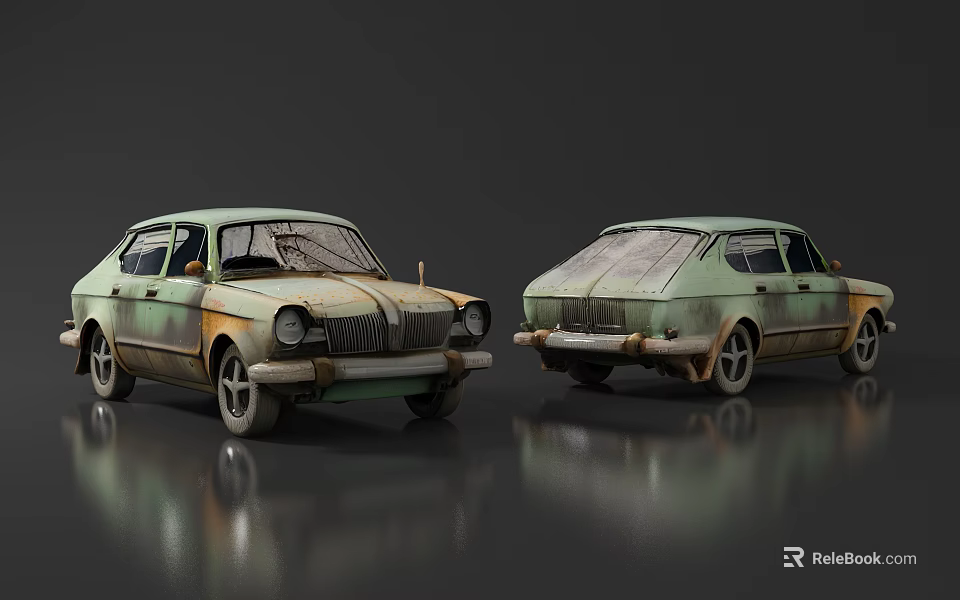 Rusty Vintage Cars Display Front And Rear Views On Shiny Gray Surface 3d model 