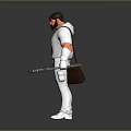 Male Game Movie Character in White Outfit With Orange Sleeves Carrying Bag and Holding Weapon