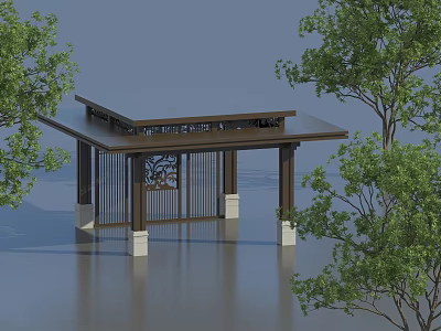 Traditional Chinese Pergola With Carved Wooden Structure And Stone Pillars Surrounded By Trees 3d model