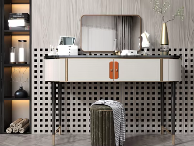 Elegant Dressing Table With Black And White Grid Wall Mirror Gold Handles Stool And Vase 3d model