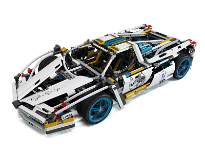 Detailed White And Blue Building Block Sports Car With Open Doors And Custom Design 3d model