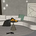 Light Gray Curved Multi person Sofa with Cushions Star Lights Abstract Painting and Round Rug