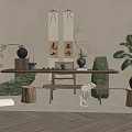Traditional Tea Room Interior Design With Calligraphy Scrolls Tea Table Decorative Stones And Green Plants