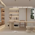 Modern Minimalist Cream Tone Living And Dining Room With Cozy Seats And Large Display Wall