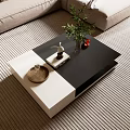 Modern Black and White Two-Tone Coffee Table with Green Plant Rabbit Figurine and Tray
