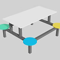 Cafeteria Dining Table With White Tabletop And Colorful Round Stools Black Legs 3d model