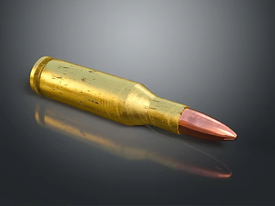 Golden Bullet with Copper Tip on Dark Background Showing Clear Reflection 3d model