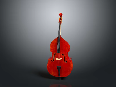 Red Wooden Double Bass with Carved Headstock for Home Living Decor 3d model