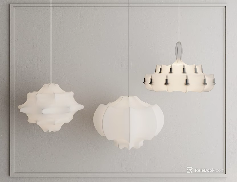 Three Modern Textured Chandeliers Hanging Against Gray Wall Interior Design 3d model 