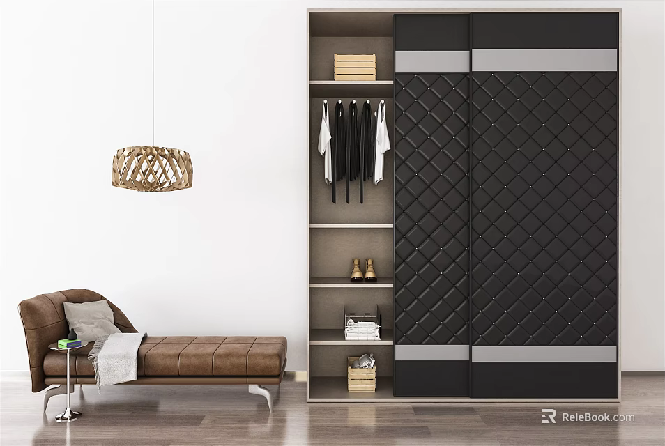 Modern Wardrobe With Quilted Black Sliding Doors Hanging Rails And Storage Shelves For Clothes Shoes 3d model 