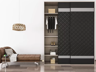 Modern Wardrobe With Quilted Black Sliding Doors Hanging Rails And Storage Shelves For Clothes Shoes 3d model