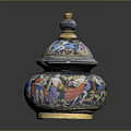 Artistic Sculpted Jar With Lid Featuring Colorful Figure Patterns And Golden Top Decoration